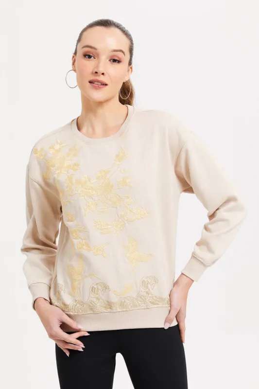 Woemen Beige Printed Sweatshirt sold by Redtag