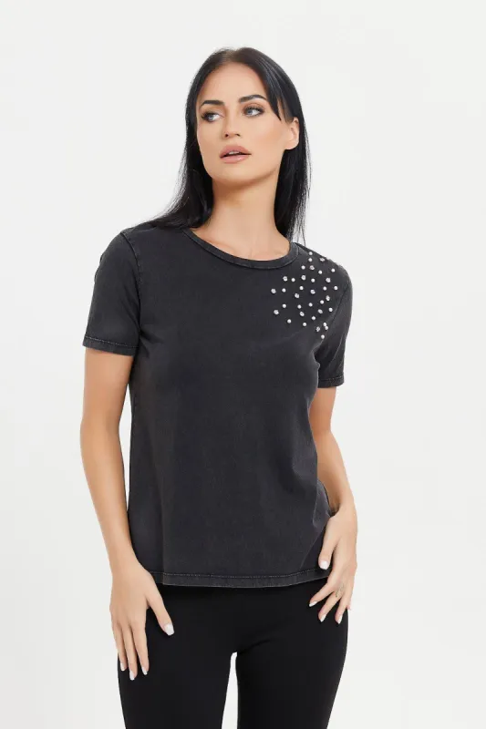 Women Black Shoulder Embellished T-Shirt sold by Redtag