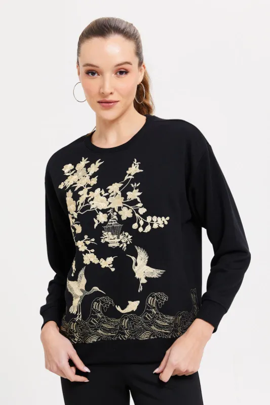 Women Black Printed Sweatshirt sold by Redtag