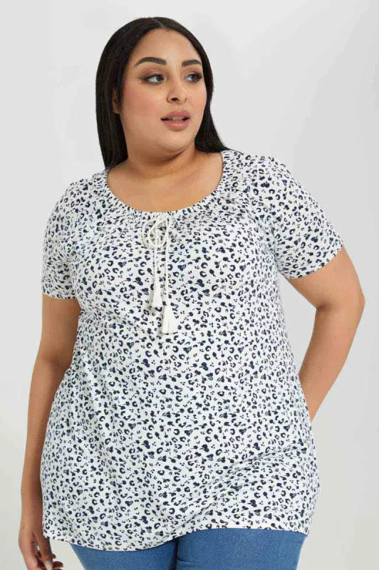 Women White And Black Blouse With Drawstring At Neck sold by Redtag