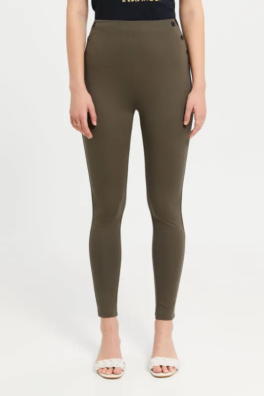 Women Olive Elastic Waistband Leggings sold by Redtag
