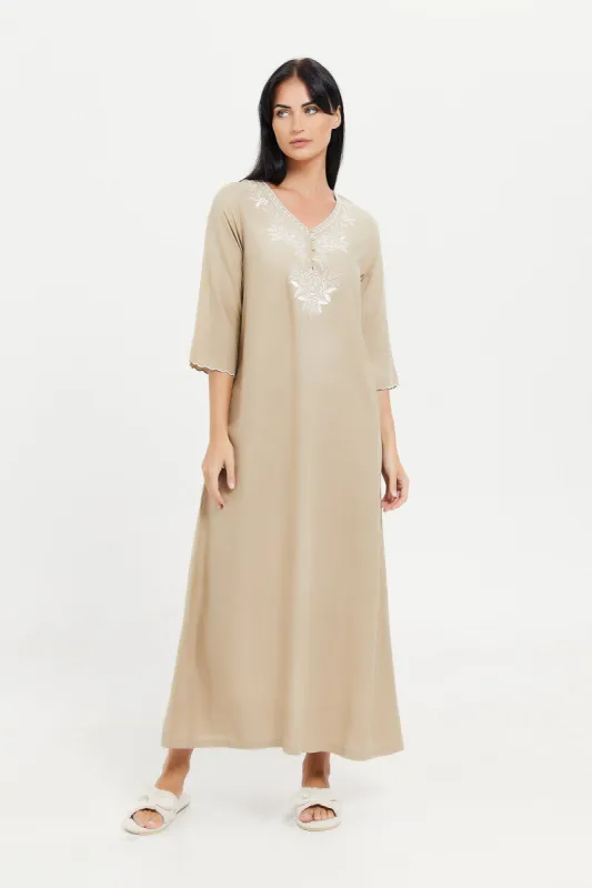 Women Beige Embroidered Nightgown sold by Redtag