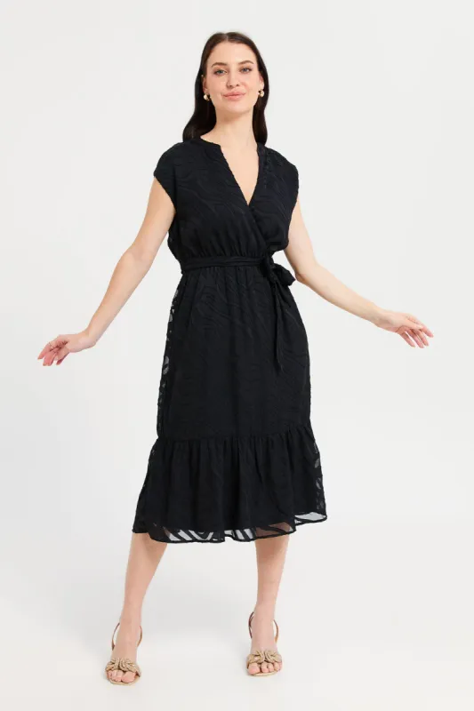 Women Black Jacquard V-Neck Dress sold by Redtag