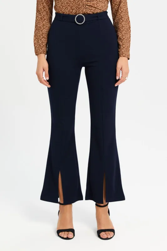 Women Navy Buckle Detailed Belted Trousers sold by Redtag
