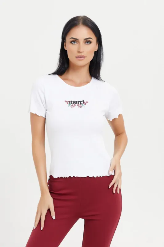 Women White Printed Ribbed T-Shirt sold by Redtag