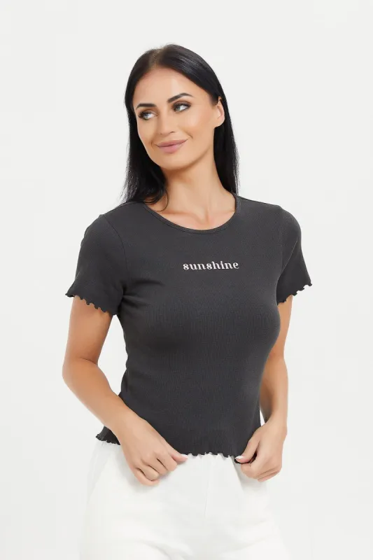 Women Charcoal Printed Ribbed T-Shirt sold by Redtag