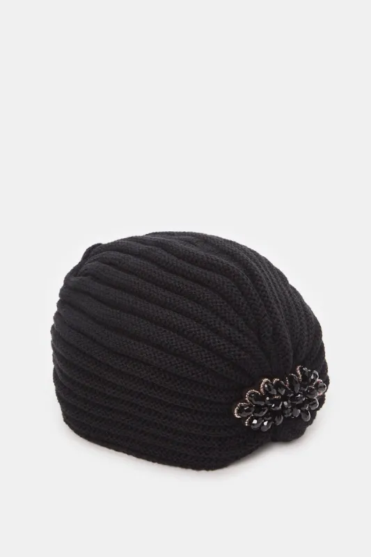 Women Black Embellished Knitted Cap sold by Redtag