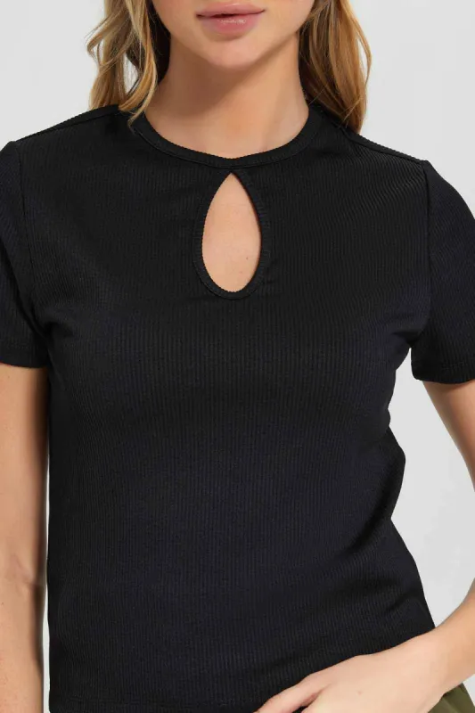 Women Black Ribbed Top sold by Redtag
