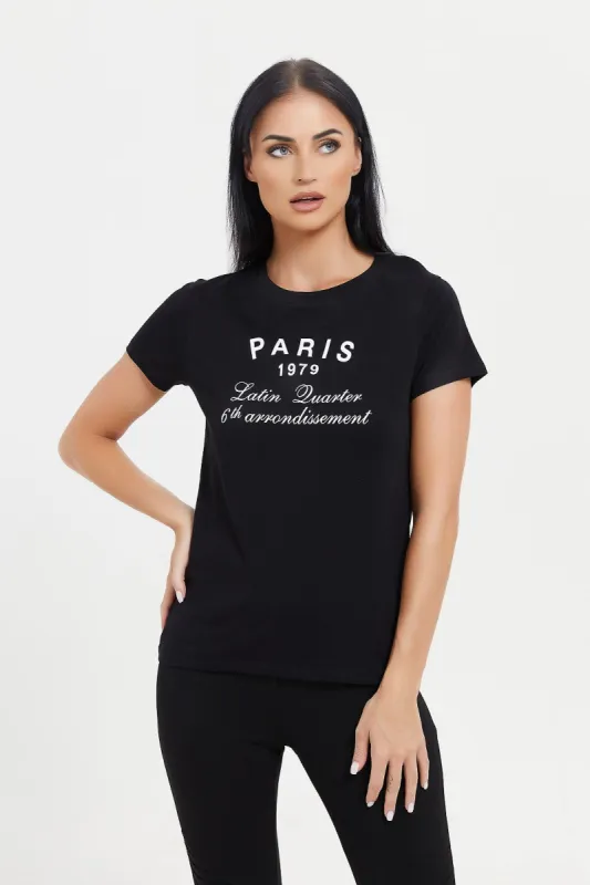 Women Black Paris Printed T-Shirt sold by Redtag