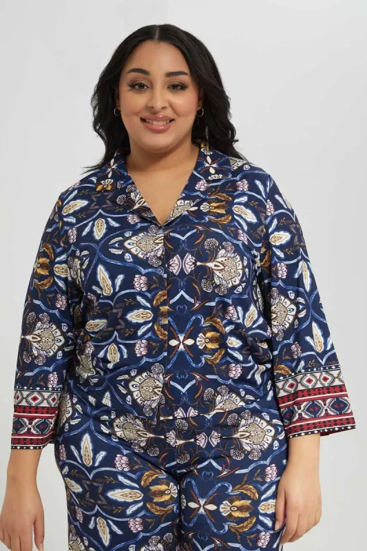 Plus Size Women Navy Printed Blouse sold by Redtag