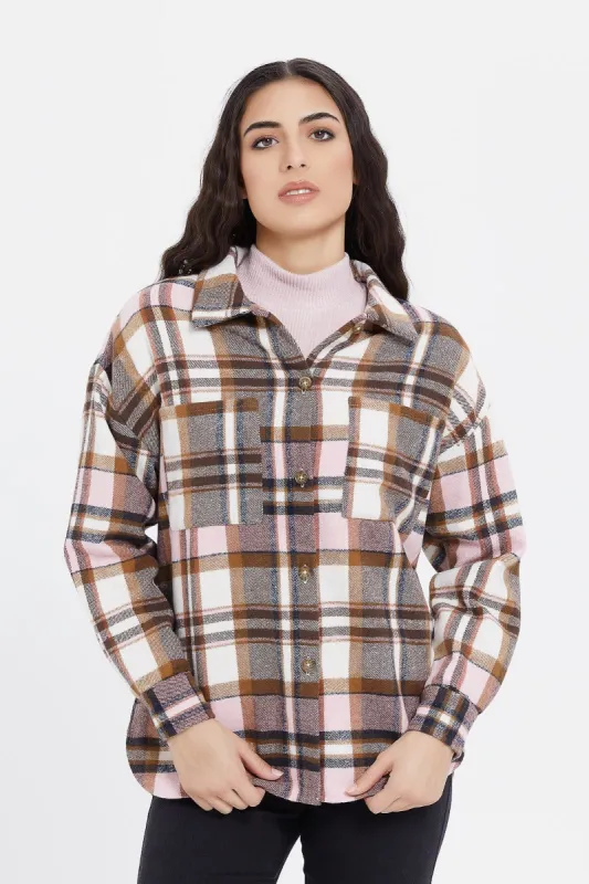 Women Beige And Brown Checkered Oversize Shirt sold by Redtag