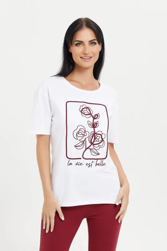 Women White Rose Print T-Shirt sold by Redtag