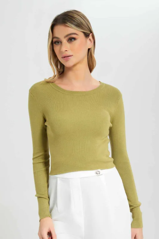 Women Olive Solid Cropped Pullover sold by Redtag