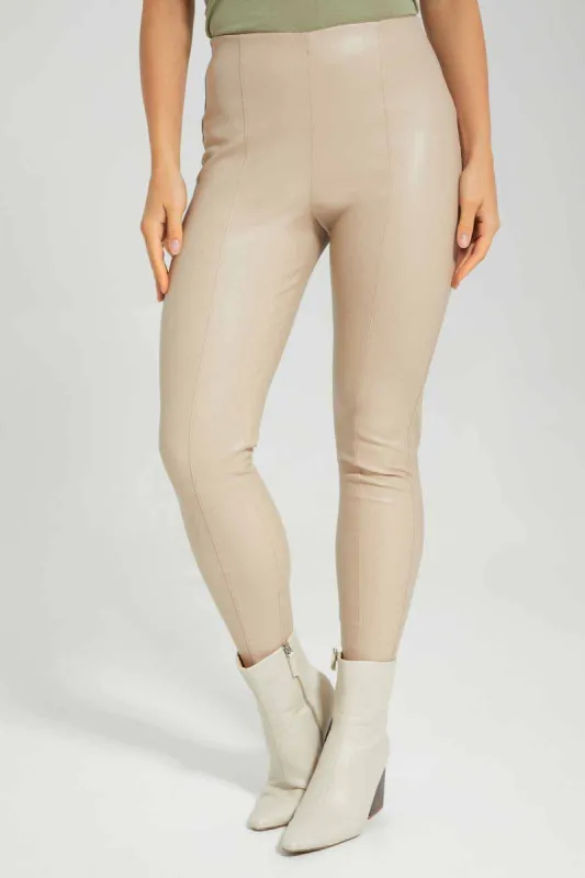 Women Beige Skinny PU Legging sold by Redtag