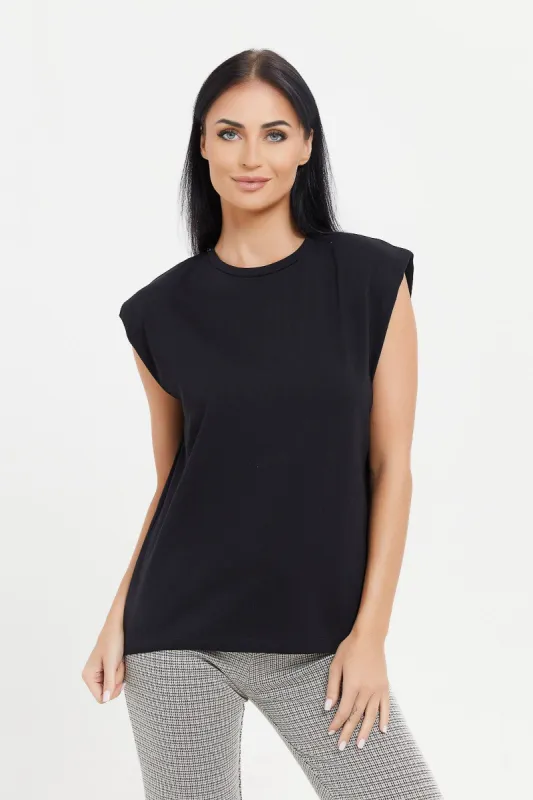 Women Black Sleeveless Padded Shoulder Top sold by Redtag