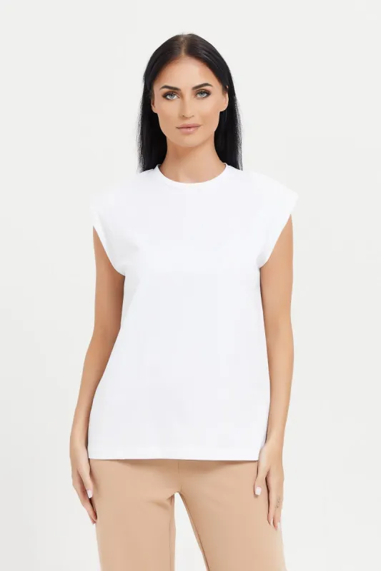 Women White Sleeveless Padded Shoulder Top sold by Redtag