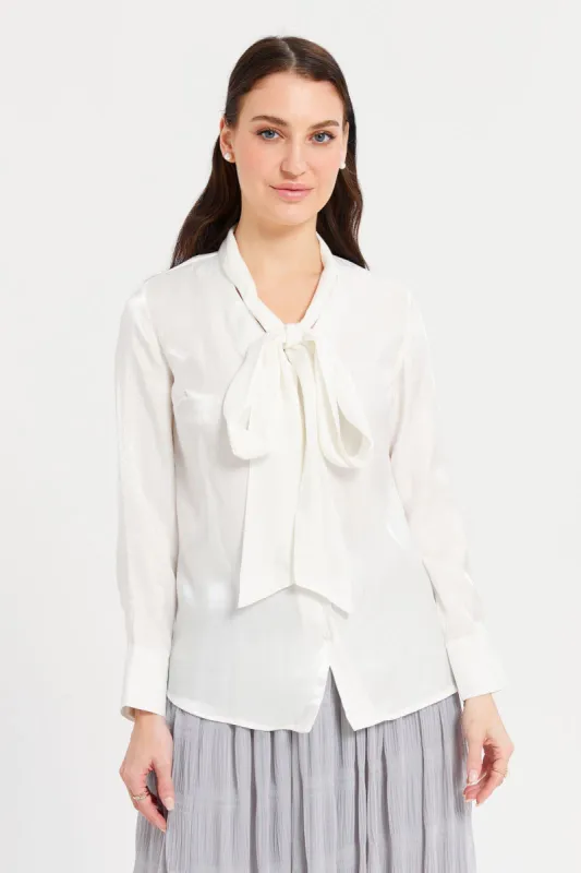 Women Ivory Tie Up Detailed Ivory Satin Blouse sold by Redtag