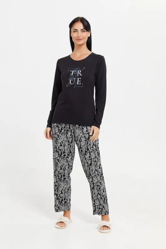 Women Black Printed Pajama Set (2 Piece) sold by Redtag