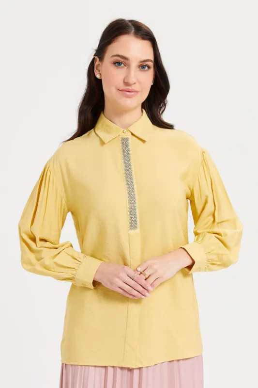 Women Yellow Embellished Trim Detailed Blouse sold by Redtag