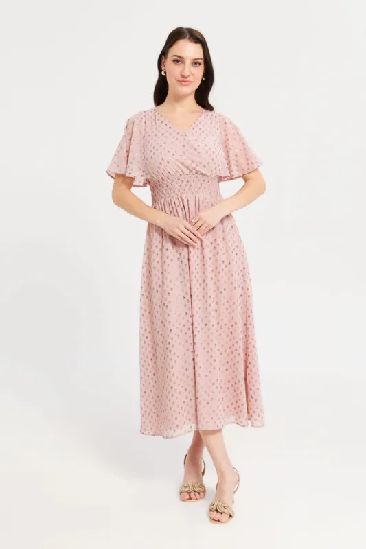 Women Beige Foil Printed Flared Sleeves Maxi Dress sold by Redtag