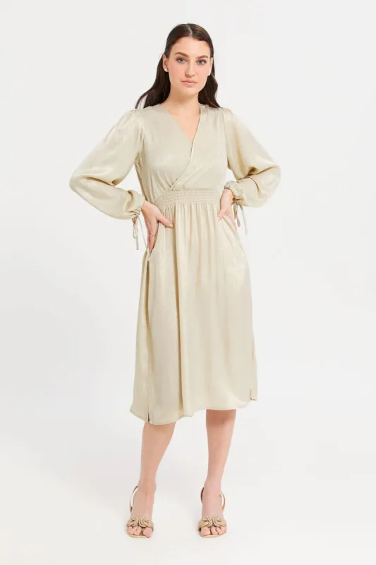 Women Gold Solid Wrap Dress sold by Redtag