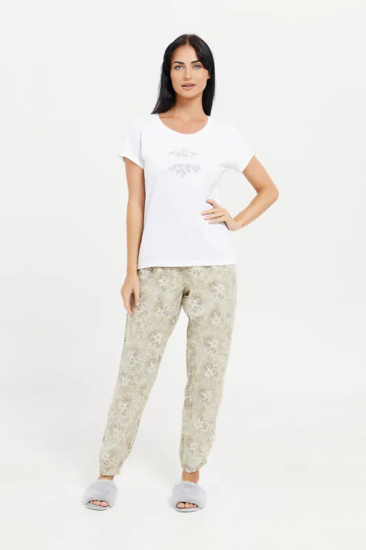 Women White And Beige Printed Pajama Set (2 Piece) sold by Redtag