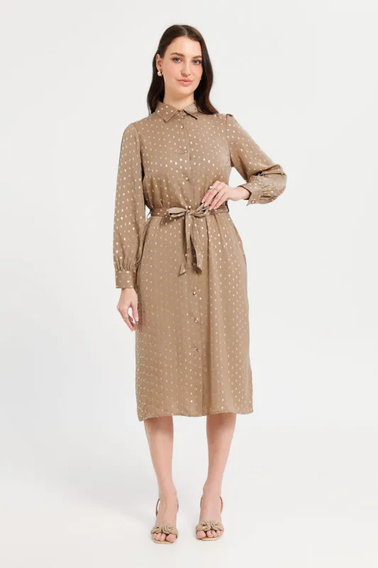 Women Beige Embellished Shirt Dress sold by Redtag
