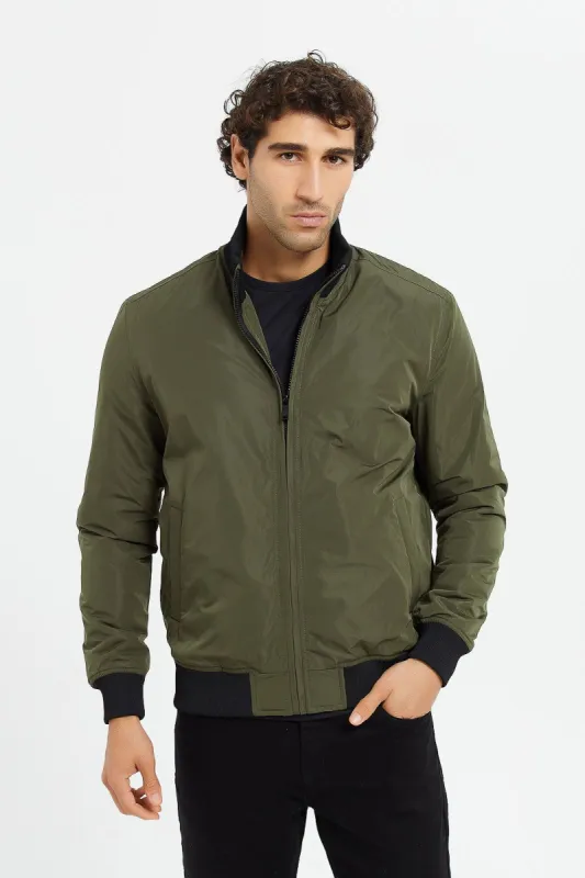 Men Olive Bomber Jacket With Faux Fur Lining sold by Redtag