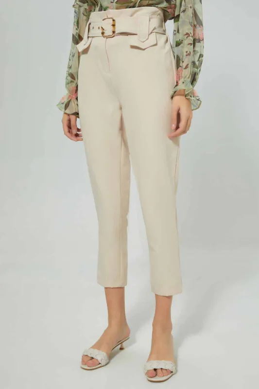 Women Beige Buckle Detail Paper Bag Trouser sold by Redtag