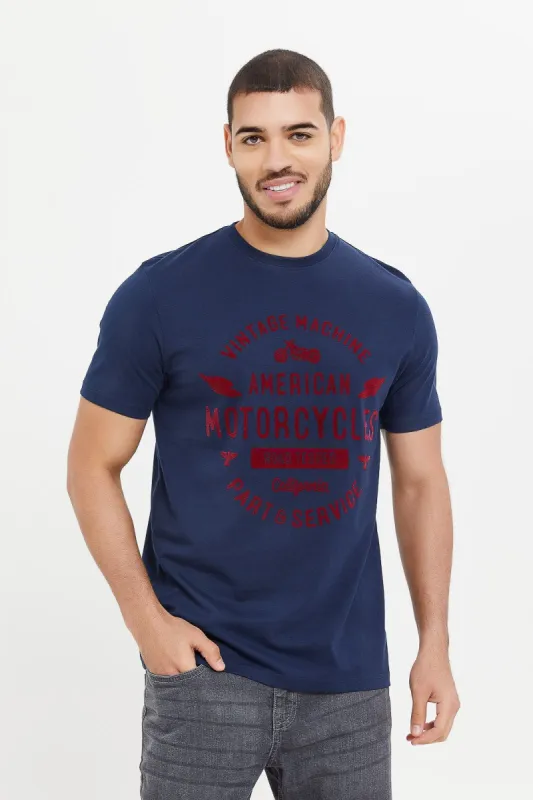 Men Navy Flock Print T-Shirt sold by Redtag