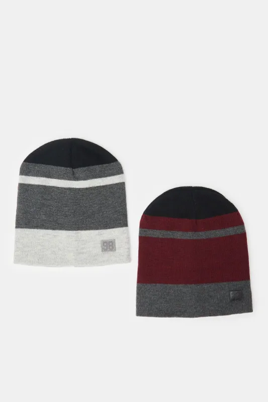 Men Grey And Burgundy Knitted Cap Set (Pack of 2) sold by Redtag