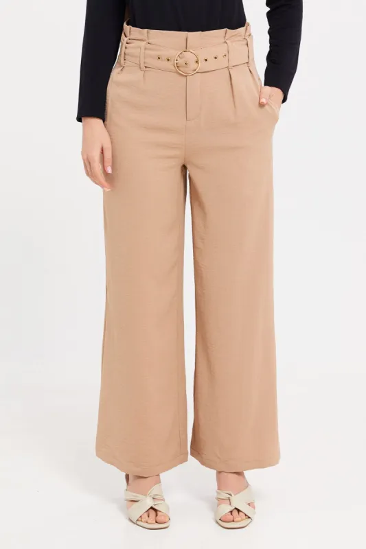 Women Beige Paper Bag Waist Belted Trousers sold by Redtag