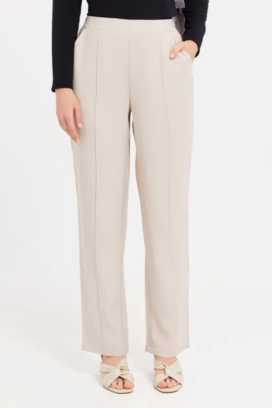 Women Beige Wide Leg Relaxed Fit Trousers sold by Redtag