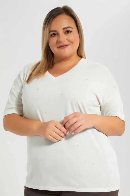 Cream Embellished V-Neck T-Shirt sold by Redtag