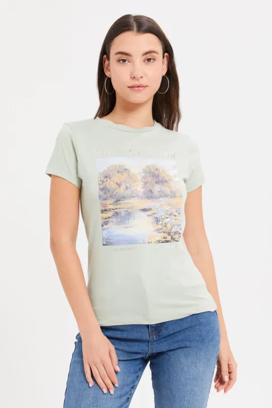 Women Mint Art Foil T-Shirt sold by Redtag