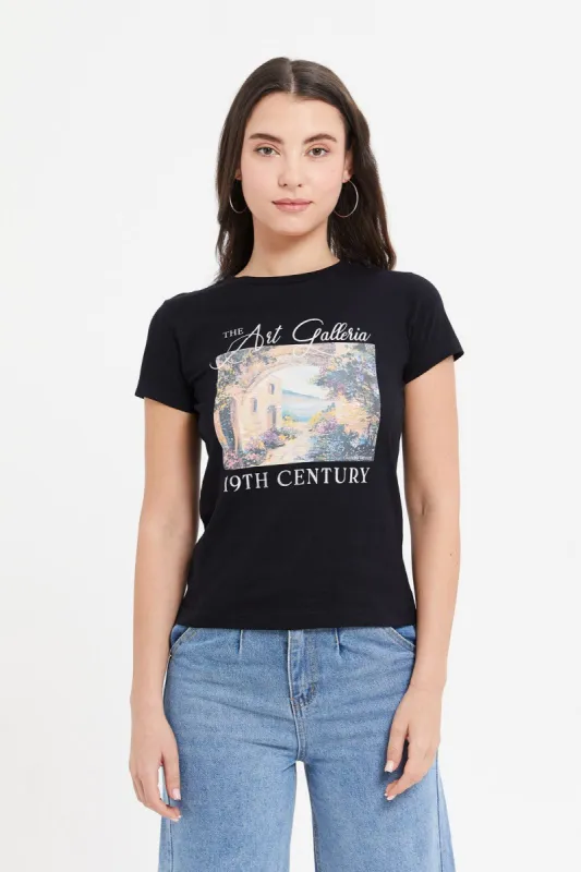 Women Black Art Foil T-Shirt sold by Redtag