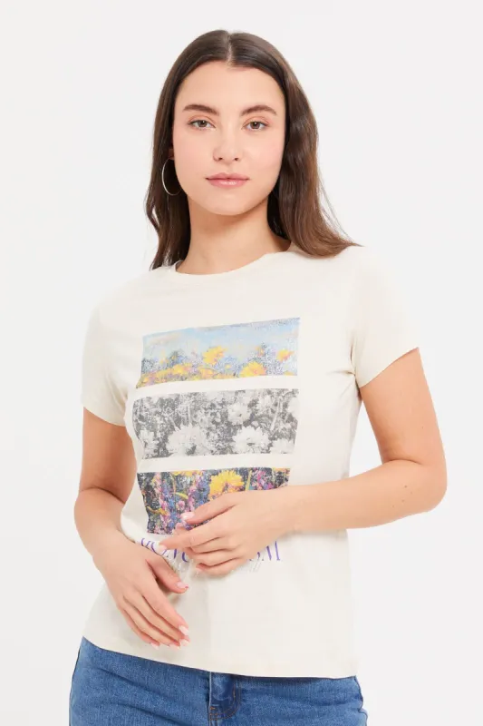 Women Beige Art Foil T-Shirt sold by Redtag