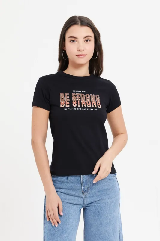 Women Black Be Strong Printed T-Shirt sold by Redtag