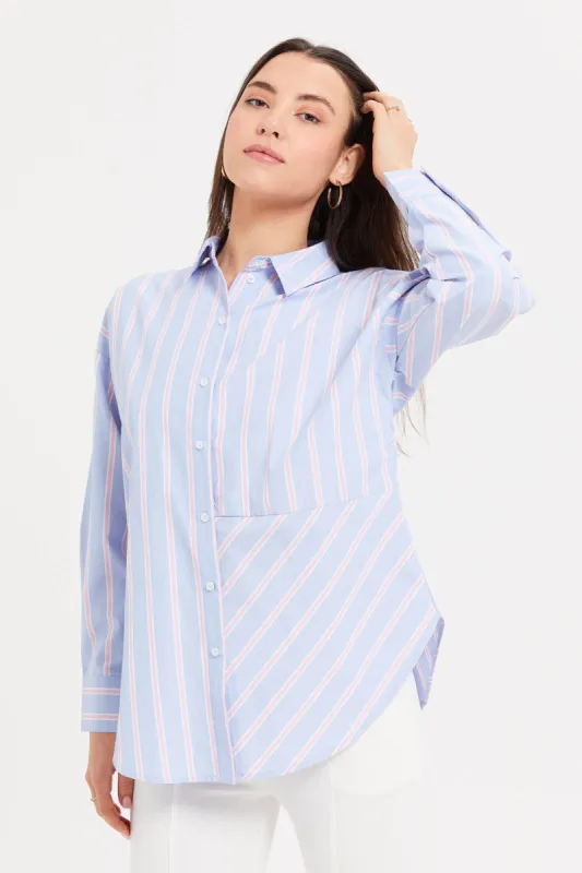 Women Blue Oversize Striped Shirt sold by Redtag