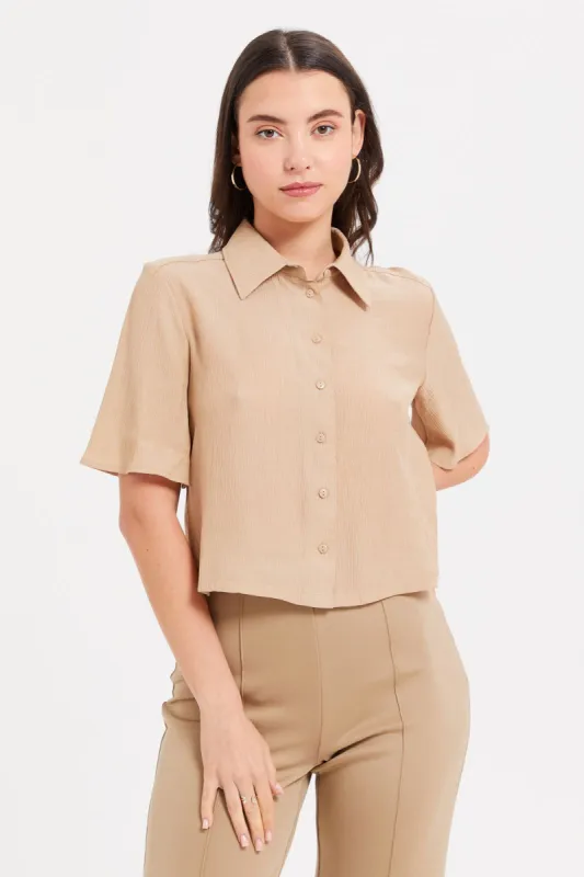 Women Beige Textured Collared Shirt sold by Redtag