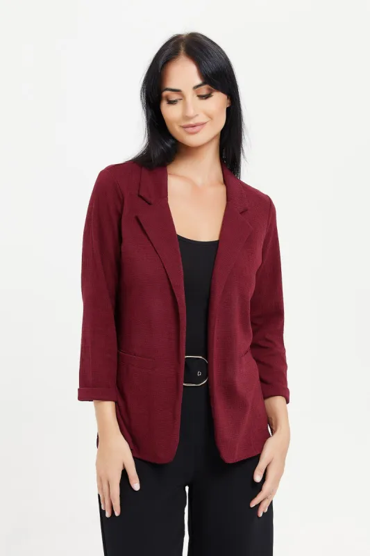 Women Red Textured Long Sleeve Blazer sold by Redtag