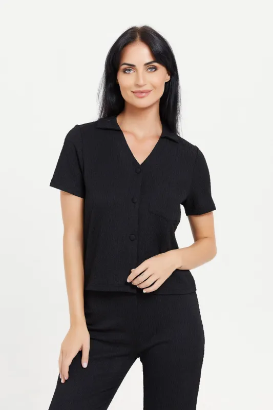 Women Black Textured Button Up Shirt sold by Redtag
