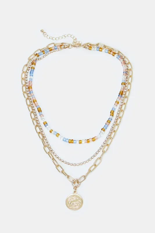 Women Gold Embellished Layered Necklace sold by Redtag
