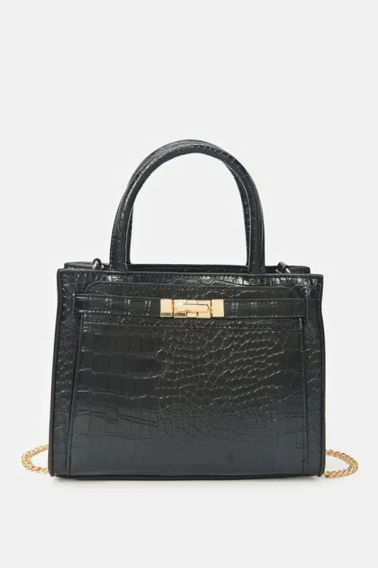Women Black Textured Day Bag sold by Redtag