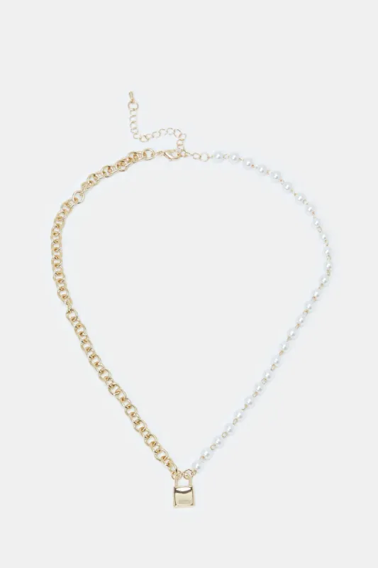 Women Gold Pearls Embellished Necklace sold by Redtag