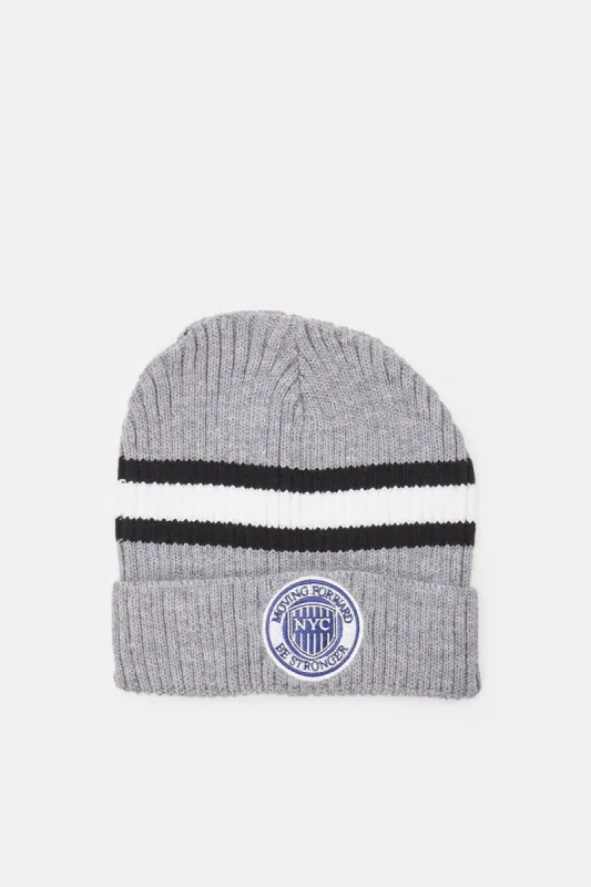 Men Grey Striped Knitted Cap sold by Redtag