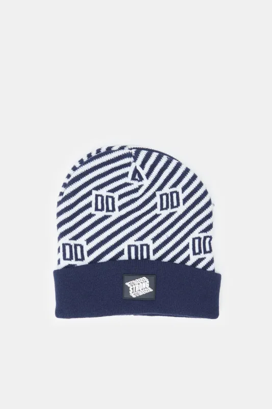 Men Navy And White Knitted Cap sold by Redtag