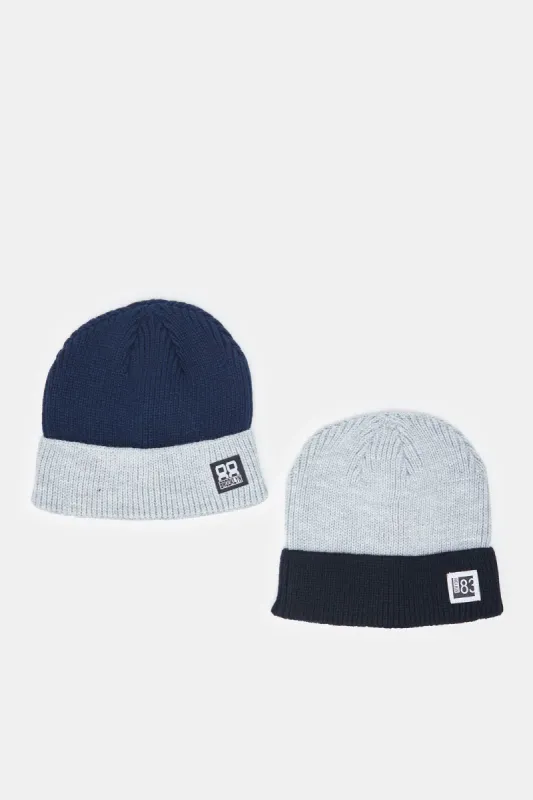 Men Navy And Grey Knitted Cap Set (Pack of 2) sold by Redtag