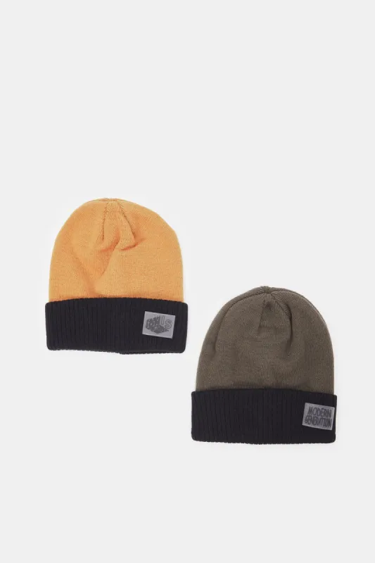 Men Brown And Beige Knitted Cap Set (Pack of 2) sold by Redtag