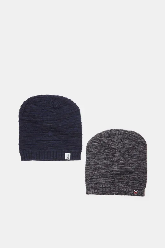 Men Black And Charcoal Knitted Cap Set (Pack of 2) sold by Redtag